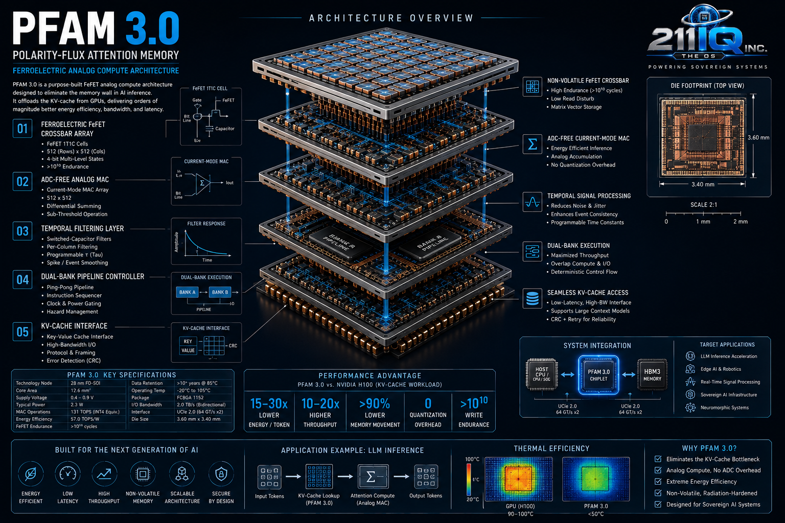 PFAM 3.0 Polarity-Flux Attention Memory architecture overview: FeFET 1T1C crossbar array, ADC-free analog current-mode MAC, temporal filtering layer, dual-bank pipeline controller, KV-cache interface, die footprint, key specifications, and performance advantage versus NVIDIA H100.